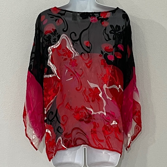 Chico's Vibrant Red and Black Sheer Blouse - Picture 3 of 5